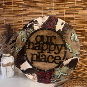Rustic 'Our Happy Place' Wall Art wood round genuine leather hair on the hide18”